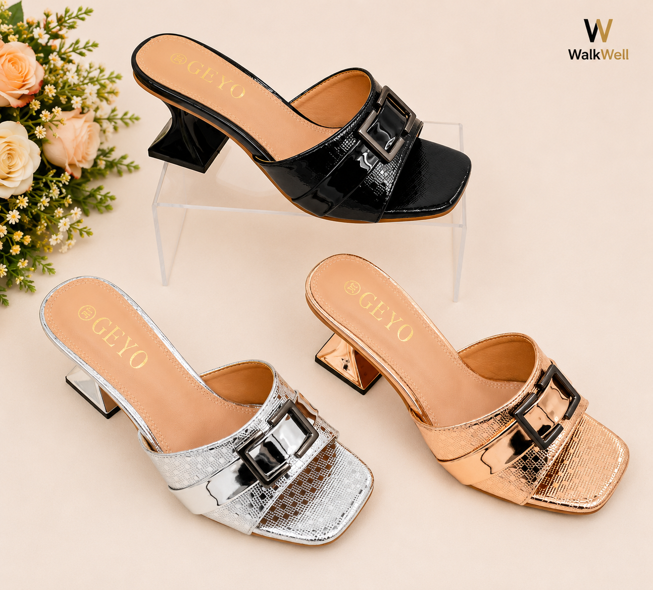 WalkWell GEYO Luxury Buckle Heel Sandals