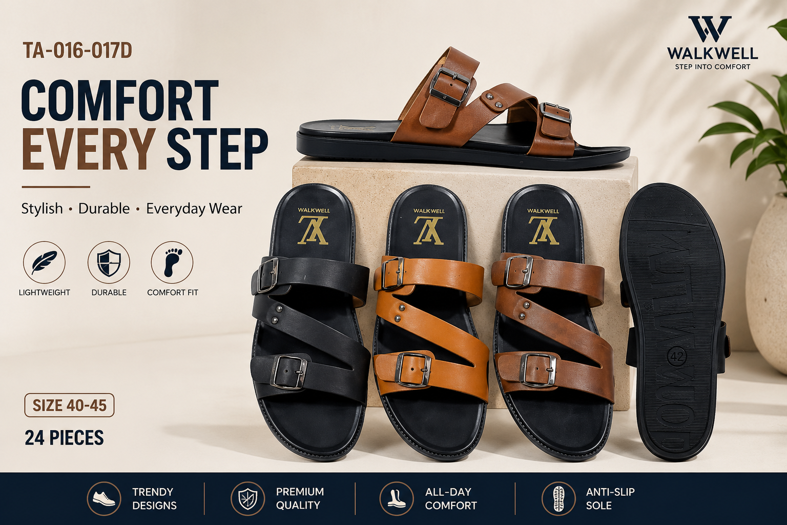 WalkWell Premium Double-Buckle Comfort Sandals – Casual Leather Slides (TA-016-017D)