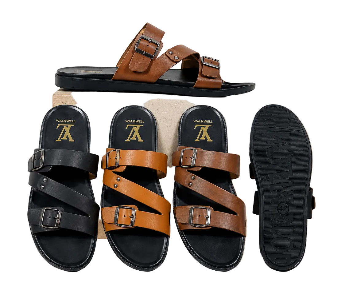 WalkWell Premium Double-Buckle Comfort Sandals – Casual Leather Slides (TA-016-017D)